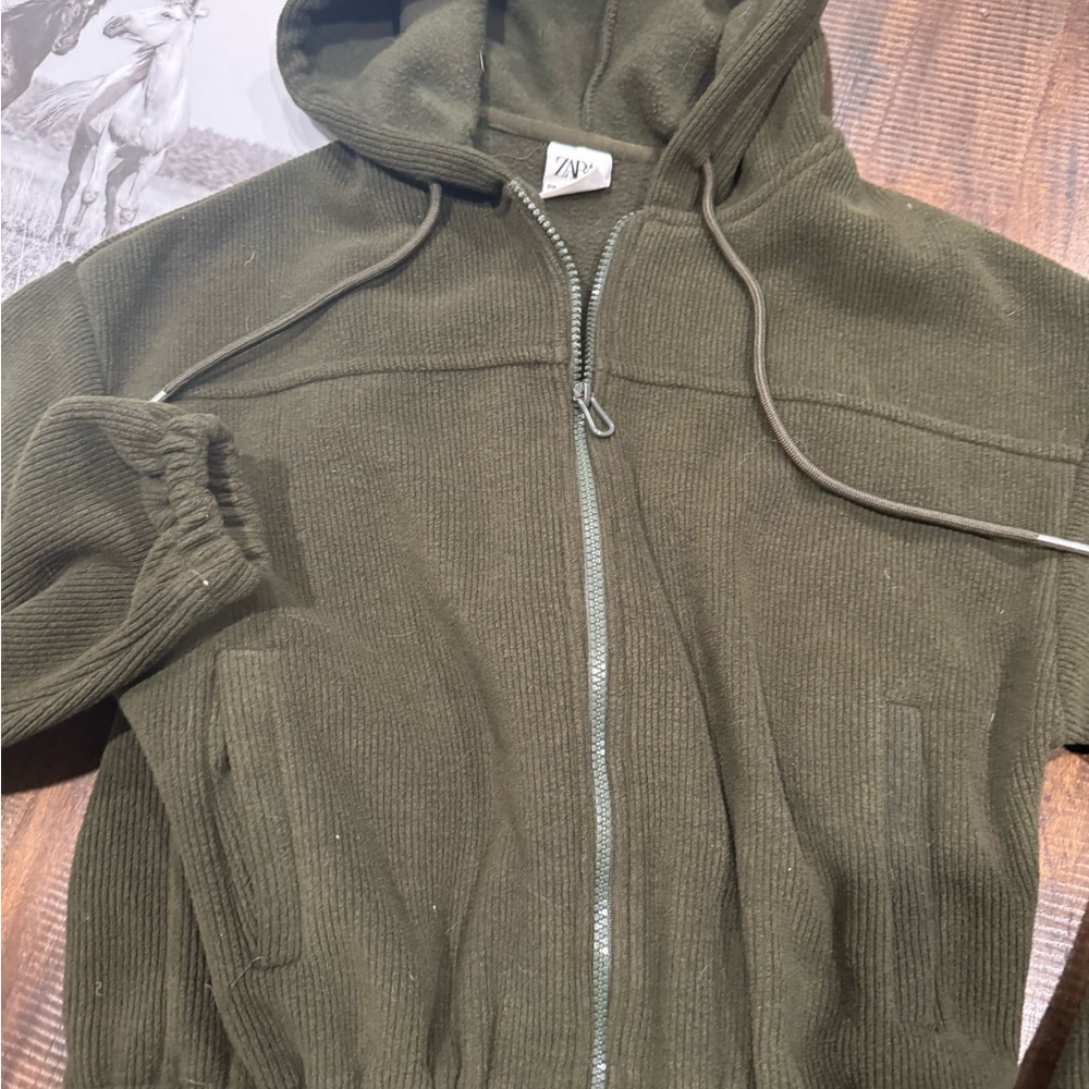Zara Khaki Deep Olive Brushed soft corduroy Hoodie-Size Large~